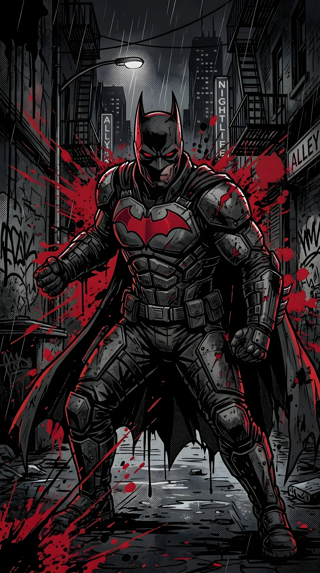 Graphic Illustration of a Dark Armored Hero with Red Accents and Splatter - Free 4K mobile Wallpaper