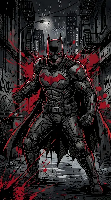 Graphic Illustration of a Dark Armored Hero with Red Accents and Splatter - Free mobile Wallpaper