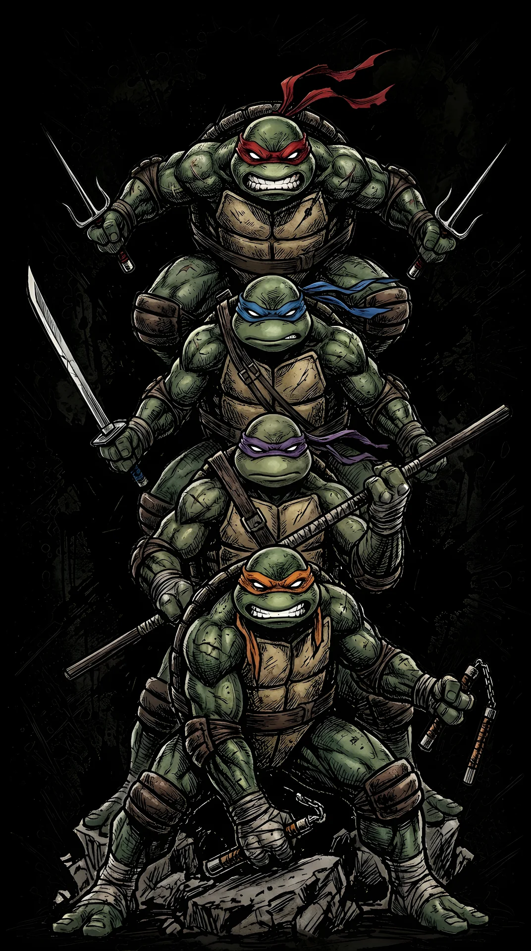 Graphic Illustration of Four Mutant Ninja Turtle Warriors Stacked Vertically - Free 4K mobile Wallpaper