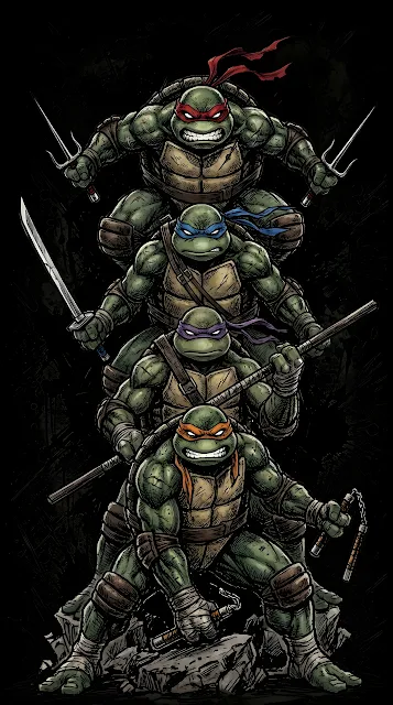 Graphic Illustration of Four Mutant Ninja Turtle Warriors Stacked Vertically - Free mobile Wallpaper