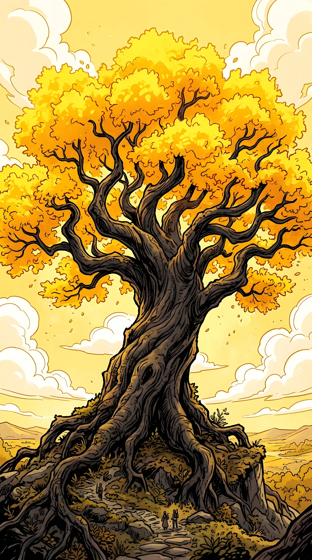 Graphic Illustration of a Massive Yellow Tree Against a Bright Yellow Sky - Free 4K mobile Wallpaper