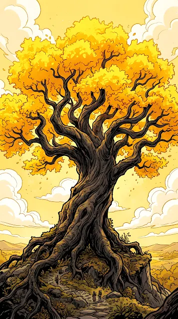 Graphic Illustration of a Massive Yellow Tree Against a Bright Yellow Sky - Free mobile Wallpaper