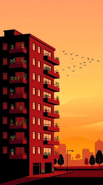 Graphic Illustration of a Red Apartment Building Silhouette at Sunset - Free mobile Wallpaper