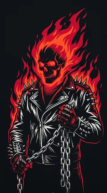 Graphic Illustration of Skeletal Rider Skull with Burning Red Flames - Free 4K & 8K mobile Wallpaper