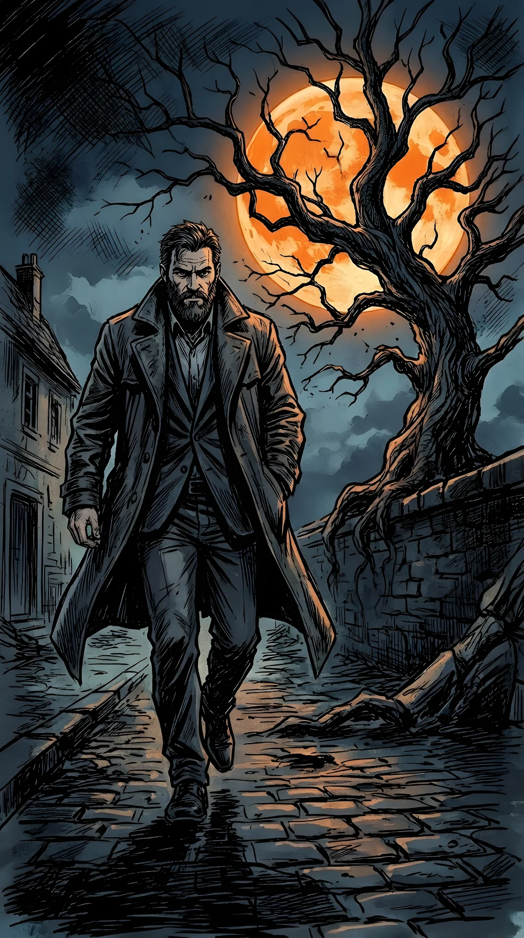 Graphic Novel Style Illustration of Man Walking Under Tree with Large Moon - Free 4K mobile Wallpaper