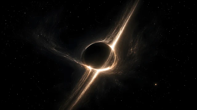 Monochromatic 3D render of a central black hole void distorting surrounding white galactic light lines in space.