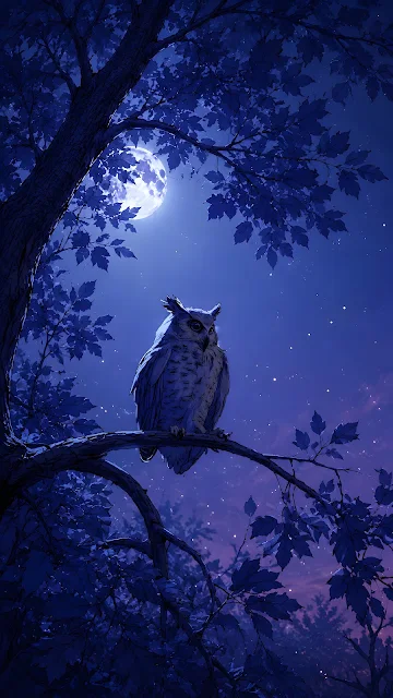 An owl perched on a tree branch in a night forest illuminated by a bright full moon through blue leaves.