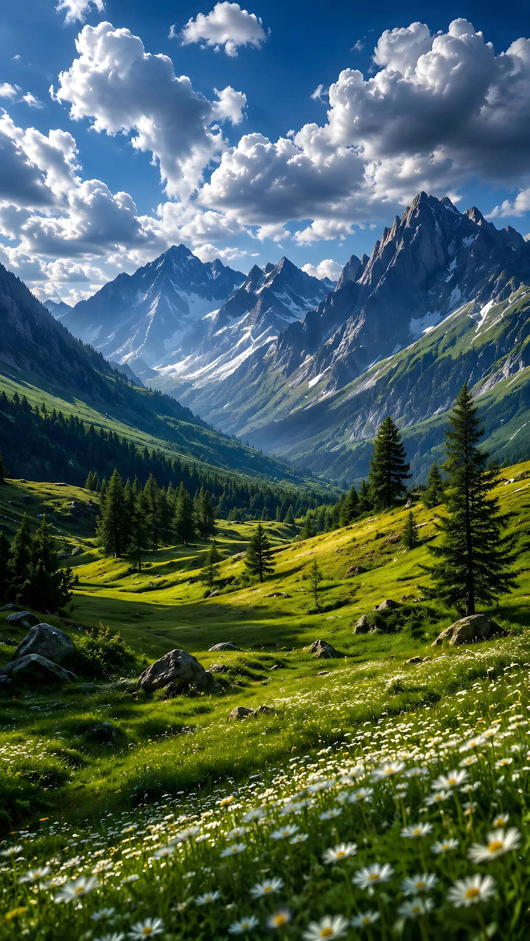 Green Alpine Mountain Valley Covered in White Daisy Flowers - Free 4K mobile Wallpaper
