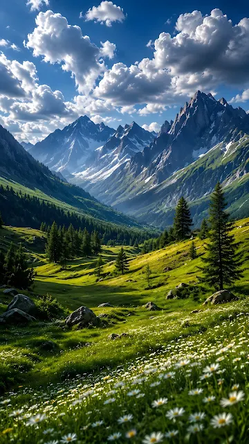 Green alpine valley filled with blooming white daisy wildflowers under a bright blue sky with cumulus clouds.