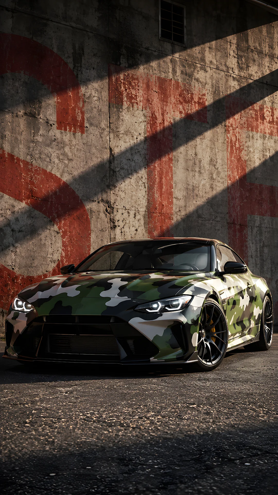 Green camo wrapped modern sports car by concrete wall - Free 4K mobile Wallpaper
