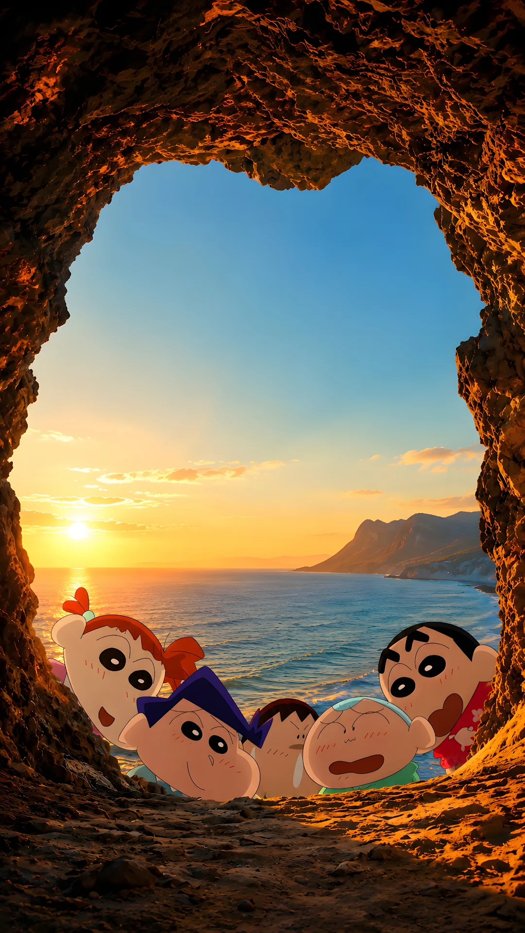 Group of cute cartoon kids looking through rocky cave at sunset sea - Free 4K mobile Wallpaper