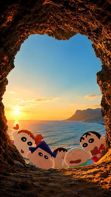 Group of 2D cartoon children peeking from the bottom of a natural rock cave arch overlooking a warm sunset over the ocean.