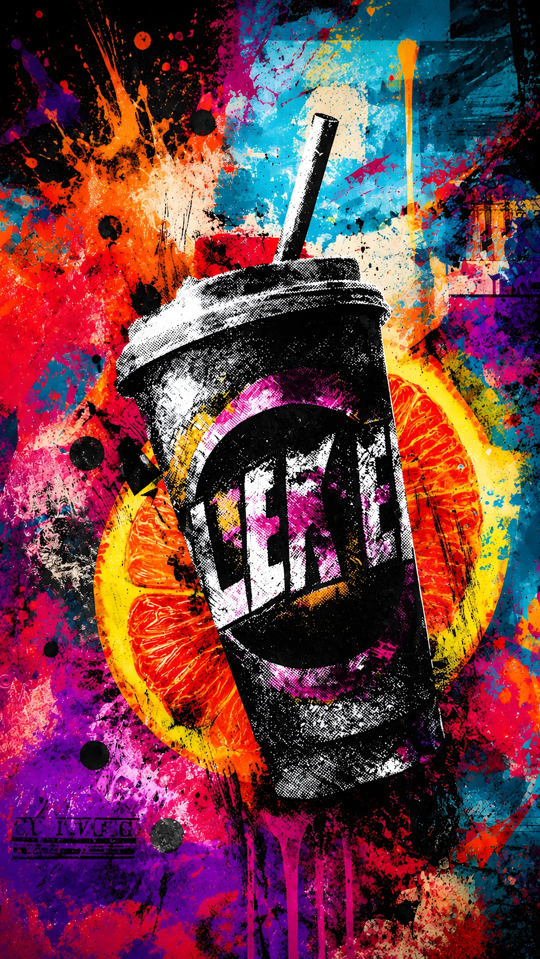 Grungy Pop Art Illustration Of A Soda Cup With Citrus - Free 4K mobile Wallpaper