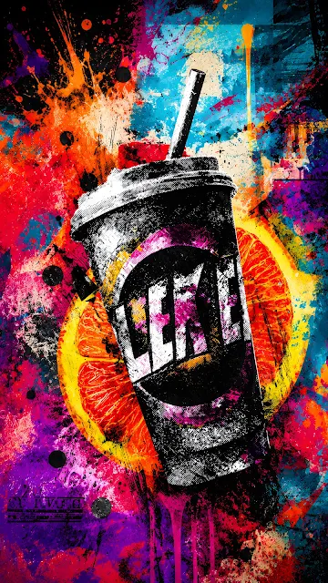 Monochrome soda cup with a straw against vibrant splatter paint in magenta, cyan, and orange with a sliced citrus wheel.