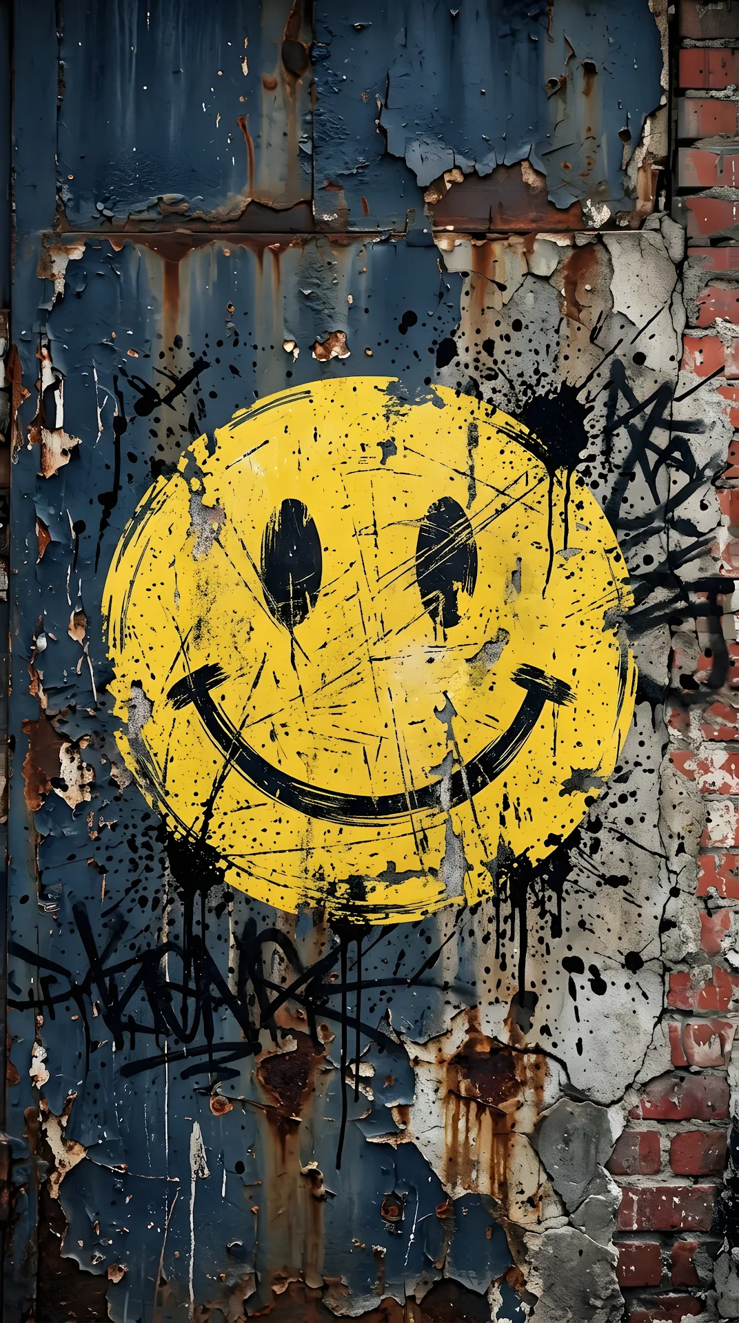Grungy Yellow Smiley Face Graffiti on Distressed Urban Wall - Free 4K mobile Wallpaper