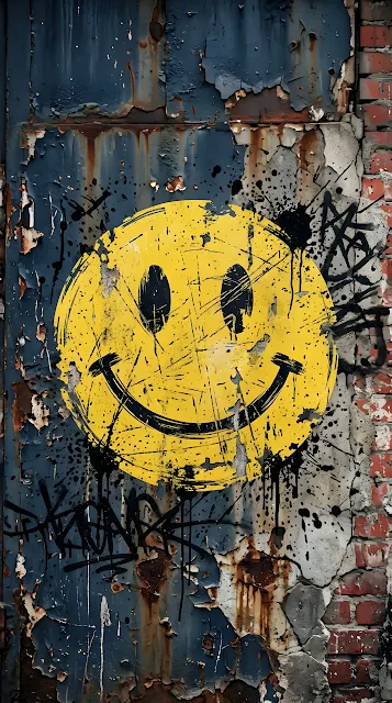 Grungy Yellow Smiley Face Graffiti on Distressed Urban Wall - Free mobile Wallpaper