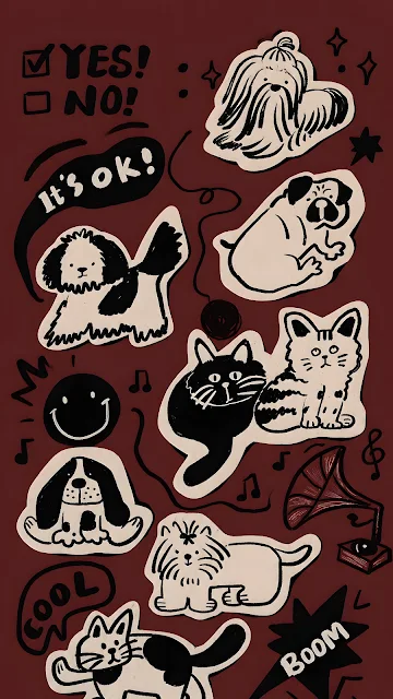 Cream sticker-style cats and dogs form a playful black ink collage on a deep maroon background.