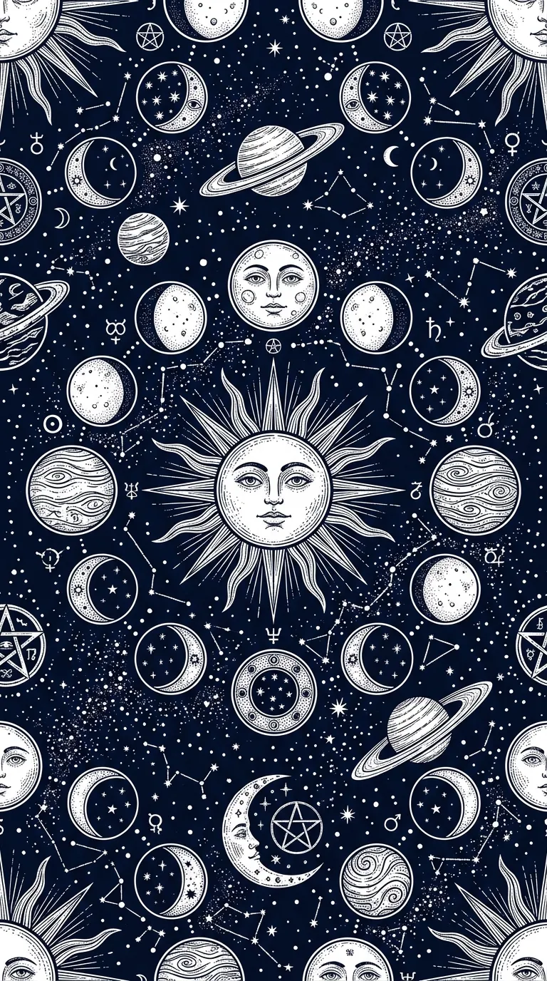 Download Hand Drawn Celestial Moon Phases and Stars Pattern on Dark Blue Wallpaper in 4K UHD Hand Drawn Celestial Moon Phases and Stars Pattern on Dark Blue - Free 8K and 4K mobile Wallpaper Background