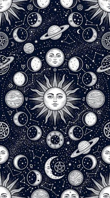 Hand Drawn Celestial Moon Phases and Stars Pattern on Dark Blue - Free 4K & 8K mobile Wallpaper