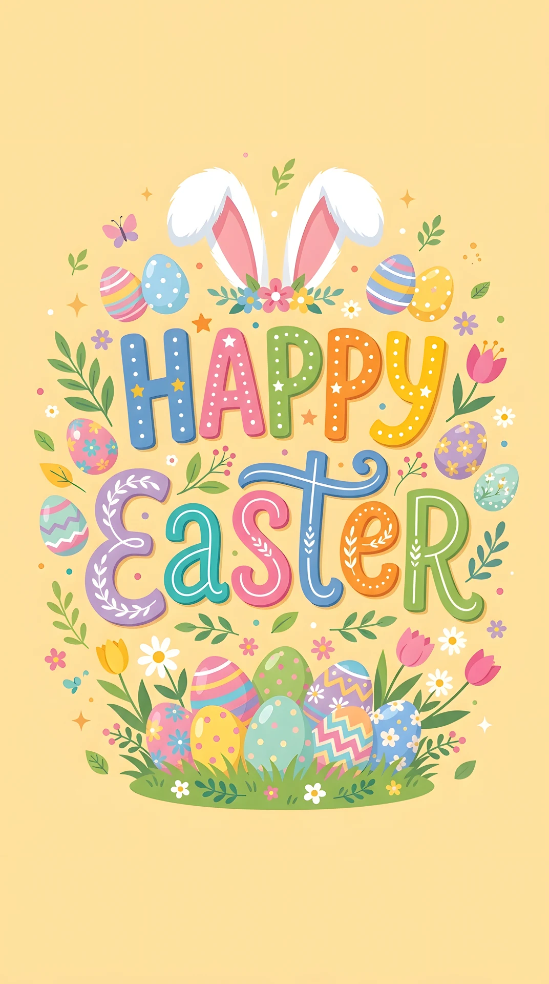Happy Easter Typography With Bunny Ears And Eggs - Free 4K mobile Wallpaper