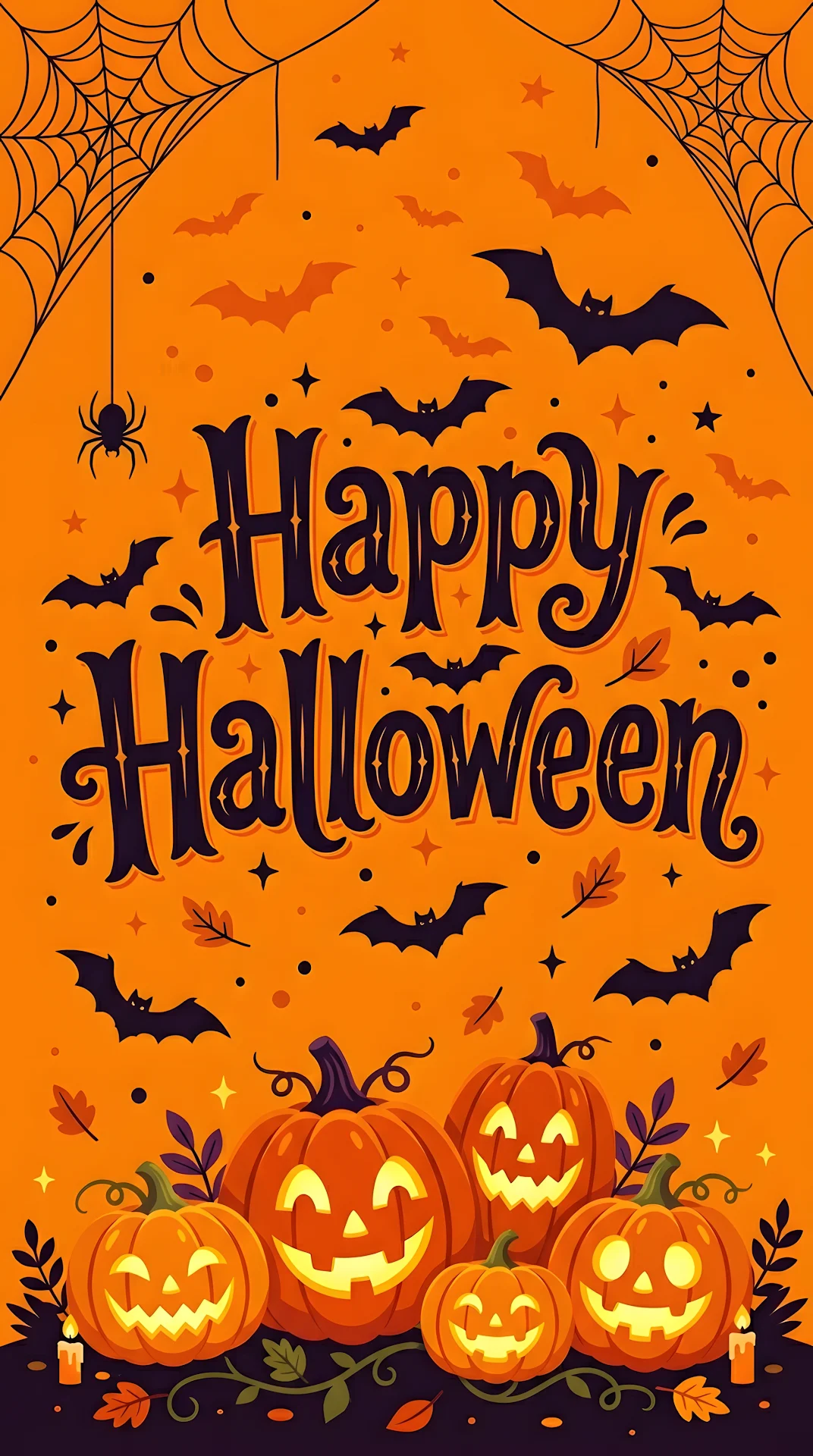 Happy Halloween Typography With Jack-o'-lanterns And Bats - Free 4K mobile Wallpaper