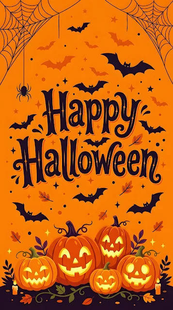 Happy Halloween Typography With Jack-o'-lanterns And Bats - Free mobile Wallpaper