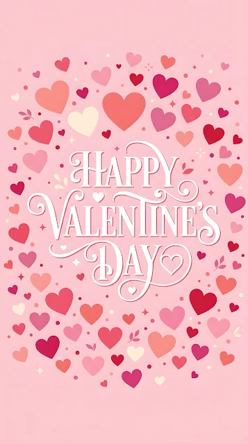 Happy Valentine's Day Typography With Scattered Pink Hearts - Free mobile Wallpaper