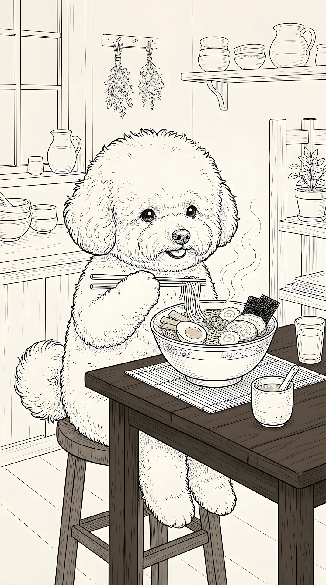Happy White Fluffy Animal Eating Large Bowl of Ramen - Free 4K mobile Wallpaper