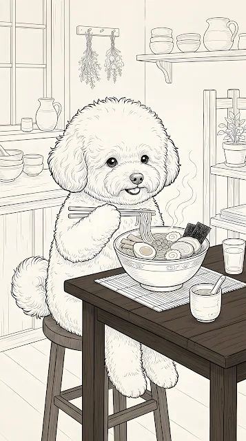 Happy White Fluffy Animal Eating Large Bowl of Ramen - Free mobile Wallpaper