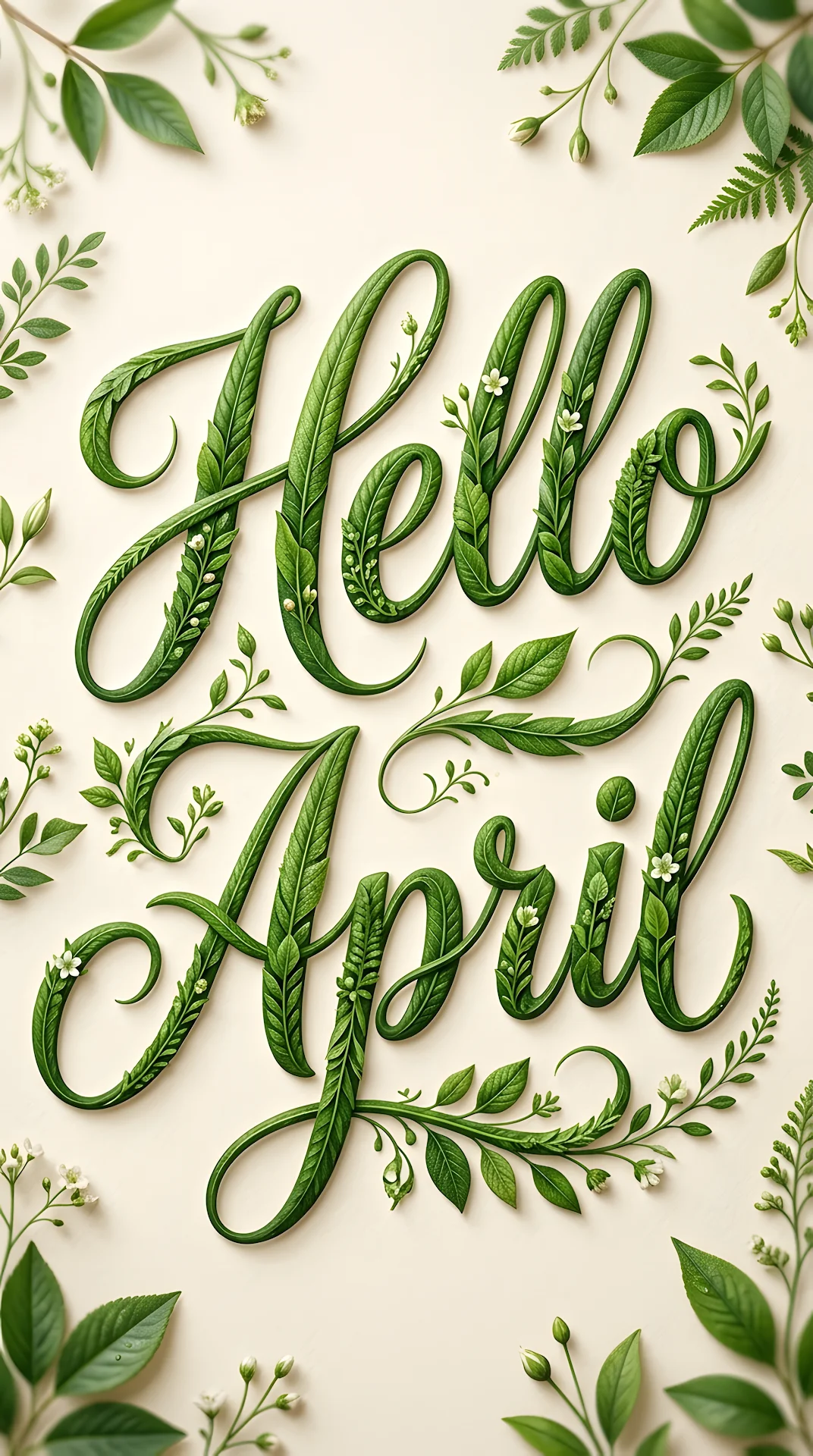 Hello April Typography Created from Green Leaf Textures - Free 4K mobile Wallpaper