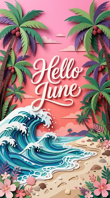 Hello June 3D Papercut Tropical Beach Card - Free 4K & 8K mobile Wallpaper