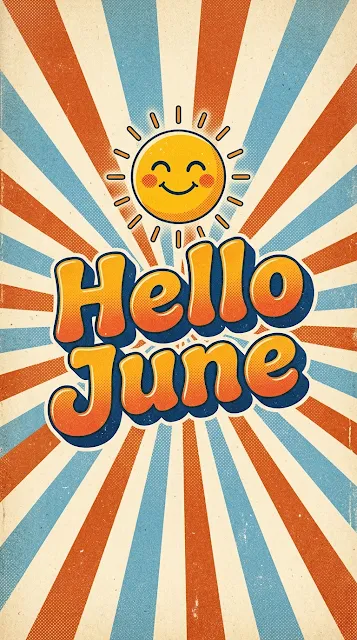 Hello June Smiling Sun Retro Burst Illustration - Free 4K & 8K mobile Wallpaper