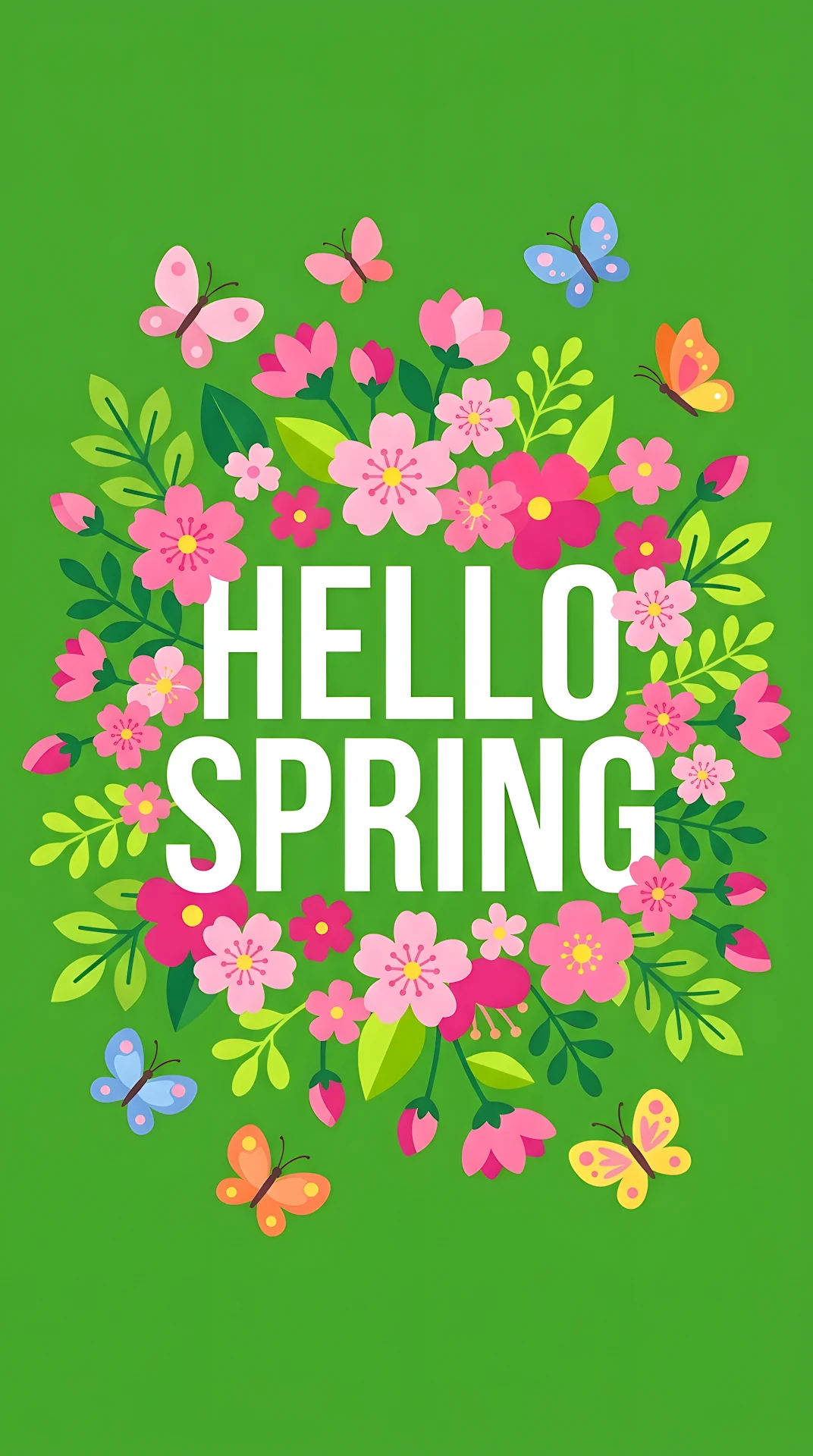 Hello Spring Typography With Flowers And Butterflies On Green - Free 4K mobile Wallpaper