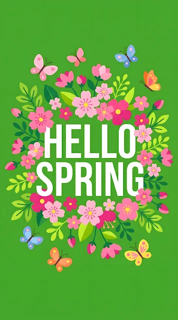Hello Spring Typography With Flowers And Butterflies On Green - Free mobile Wallpaper