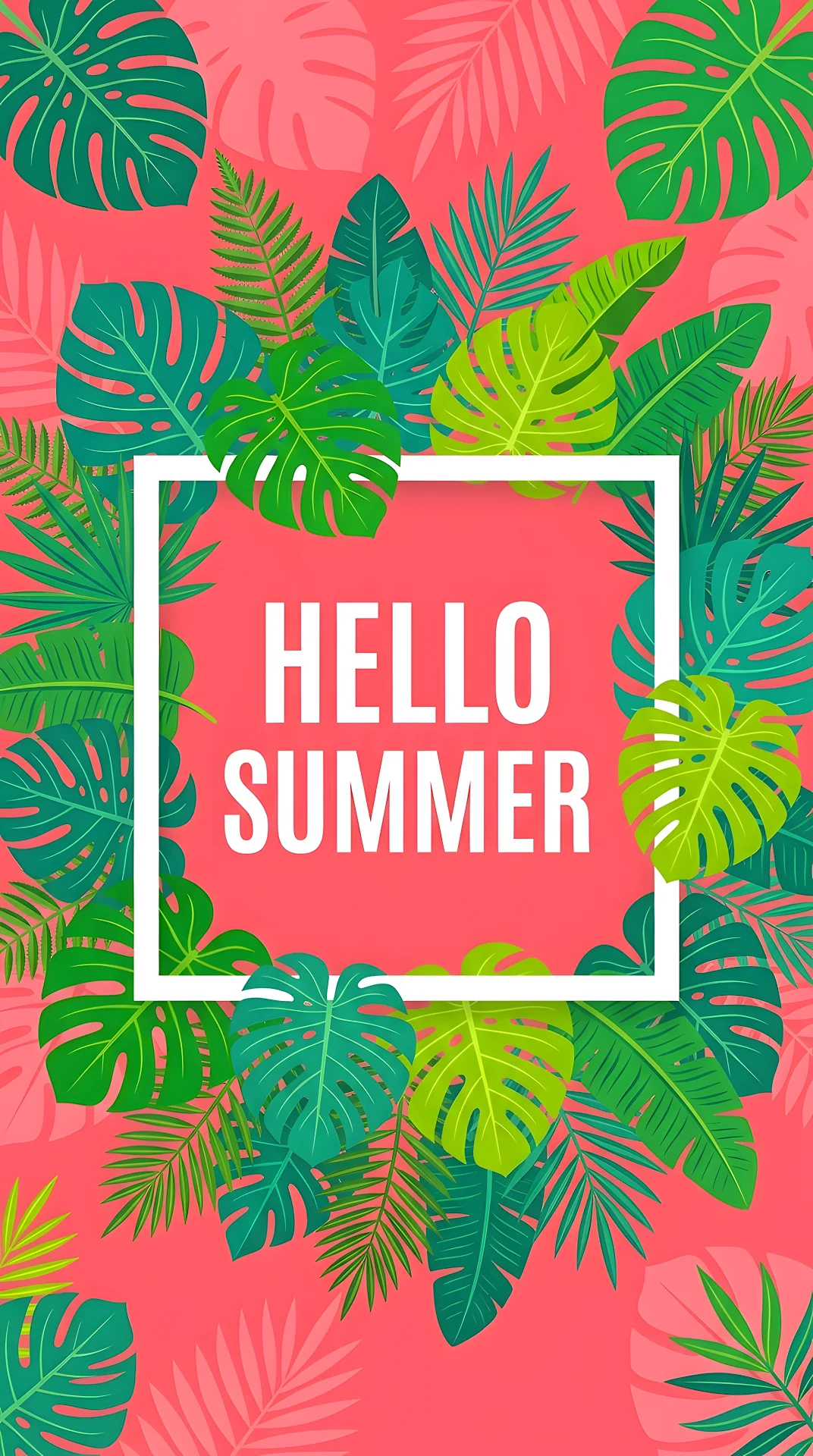 Hello Summer Text With Tropical Leaves On Pink Background - Free 4K mobile Wallpaper