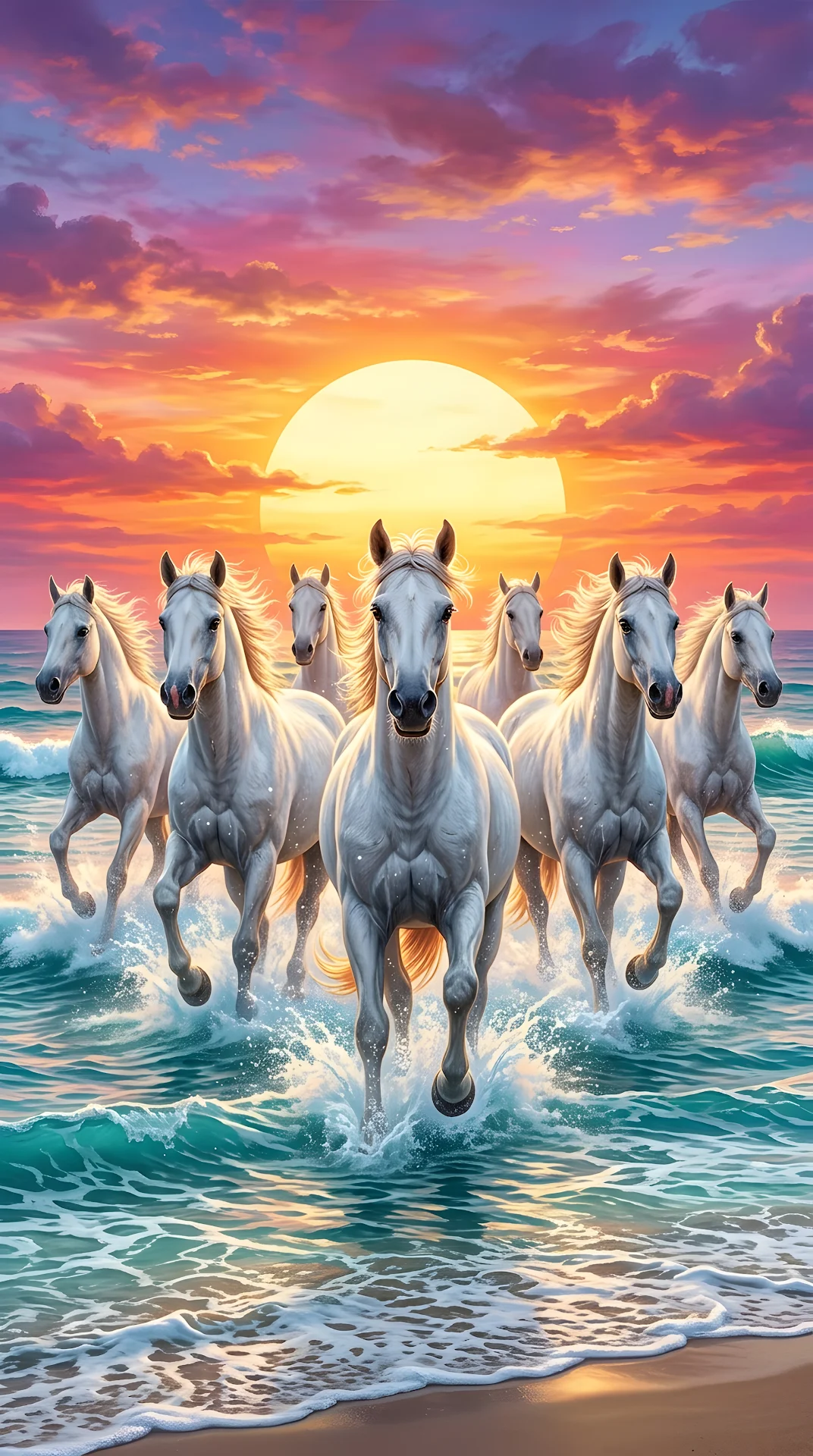 Herd of White Horses Galloping Through Ocean Water at Sunset - Free 4K mobile Wallpaper