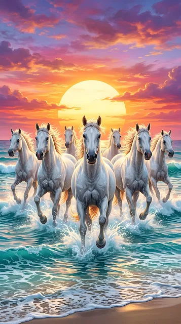 Herd of White Horses Galloping Through Ocean Water at Sunset - Free mobile Wallpaper