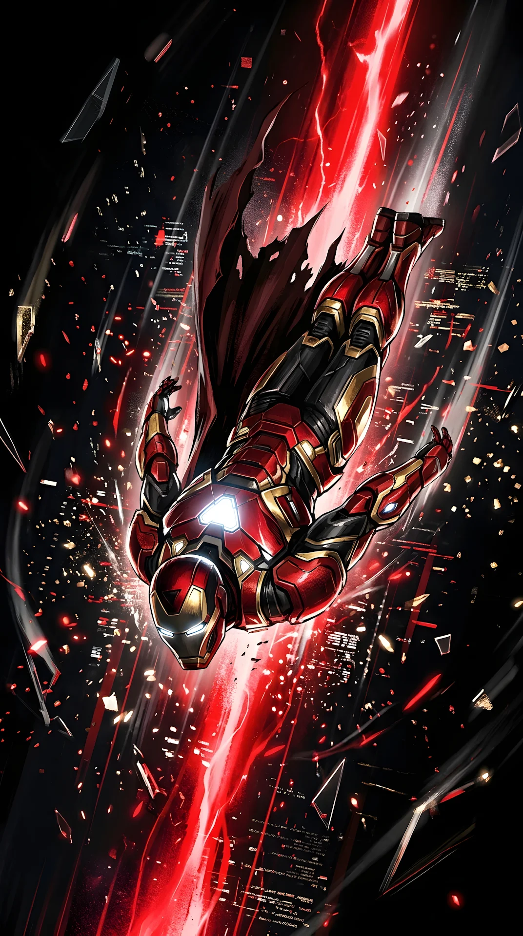 High-Action Illustration of an Armored Hero Flying Through a Digital Red Void - Free 4K mobile Wallpaper
