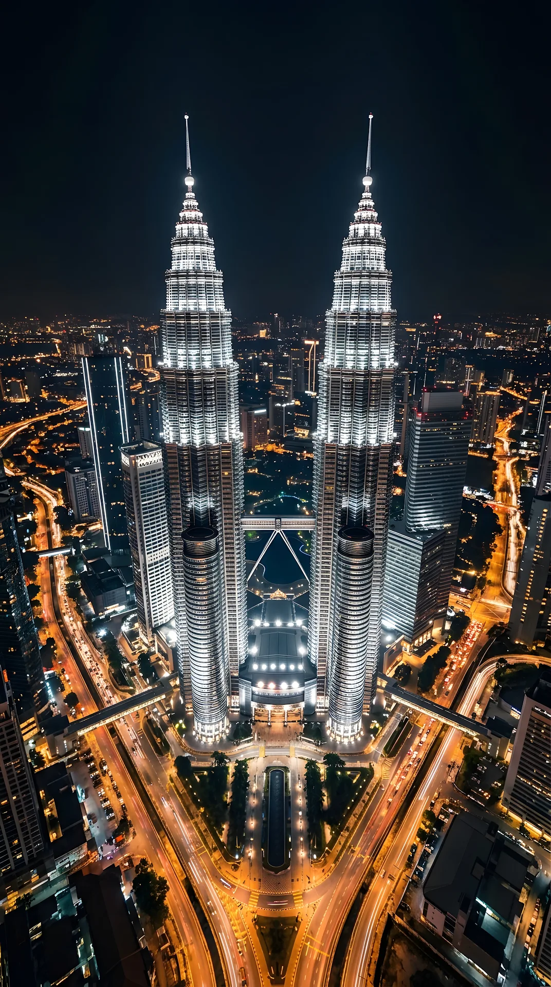 High-Angle Aerial Night View of the Petronas Twin Towers - Free 4K mobile Wallpaper