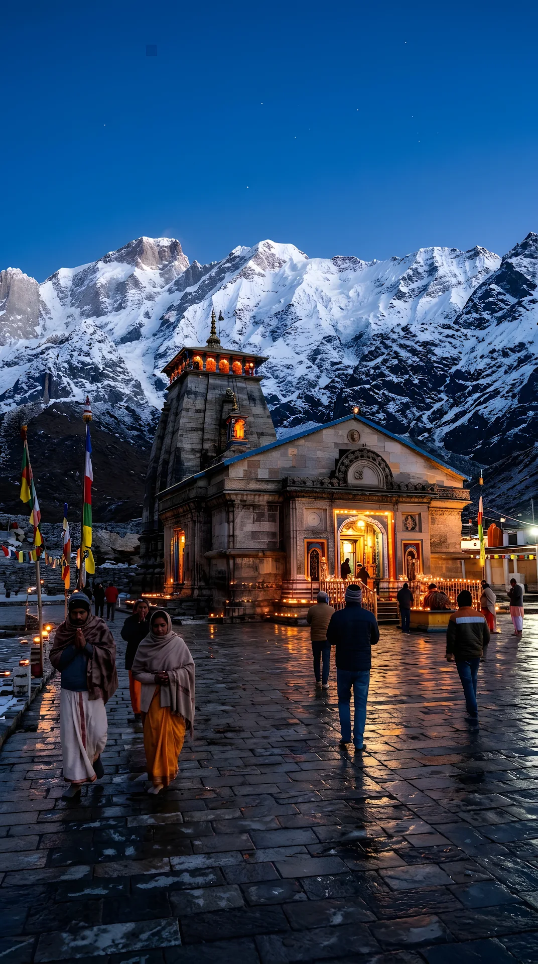 High-Detail Photography of Kedarnath Temple Under a Snowy Mountain at Blue Hour - Free 4K mobile Wallpaper