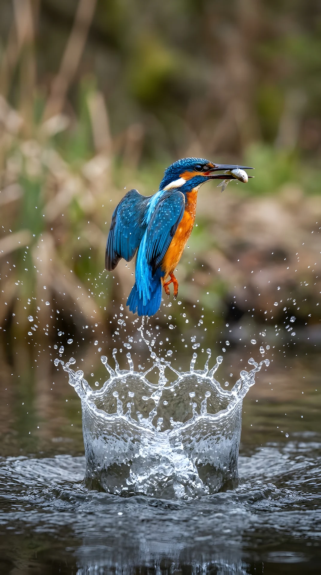 High-Speed Action Shot of Kingfisher Emerging from Water with Circular Splash - Free 4K mobile Wallpaper