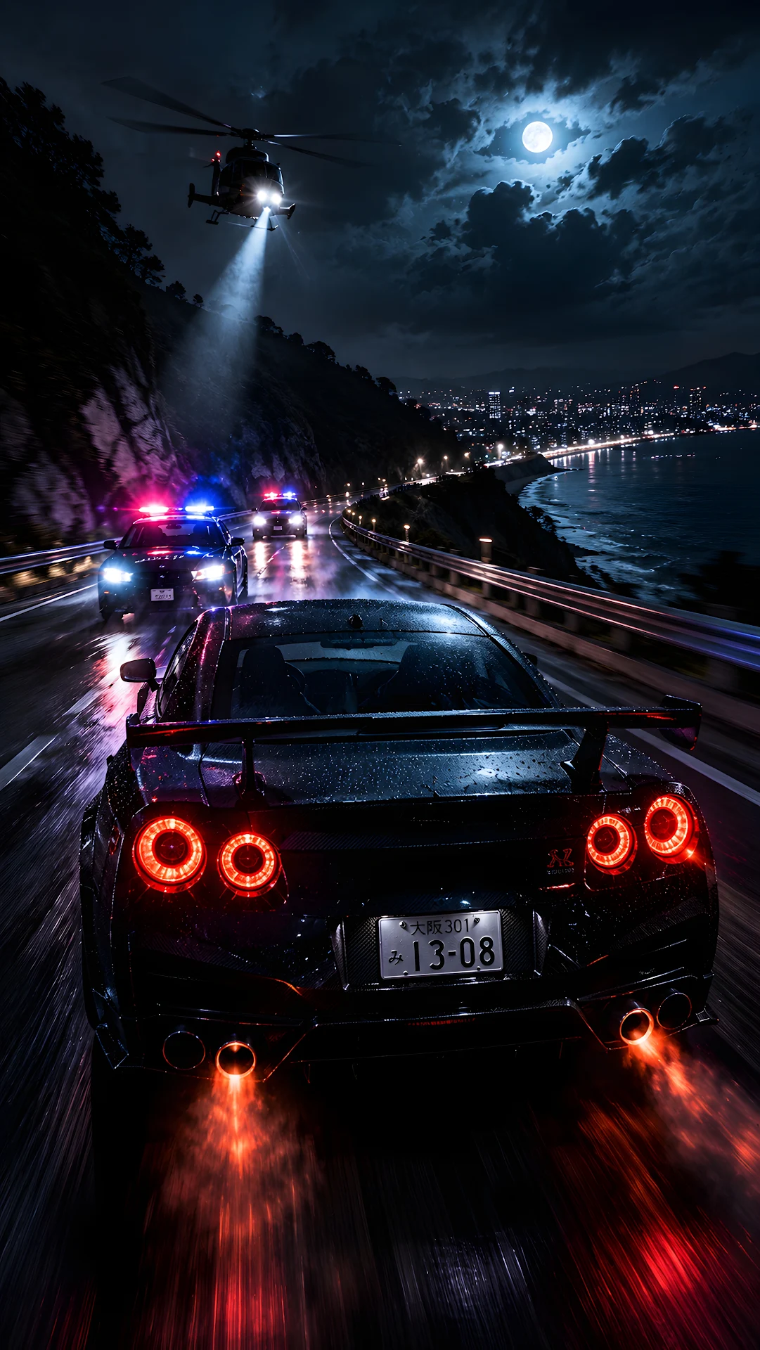 High-speed sports car night chase on wet coastal mountain highway - Free 4K mobile Wallpaper