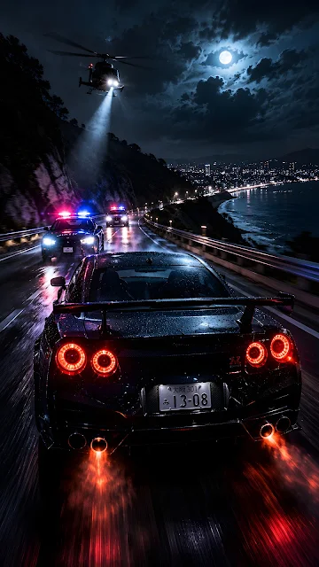 Dramatic night photograph of a sports car speeding on a wet mountain road chased by police cars under a moonlit sky.