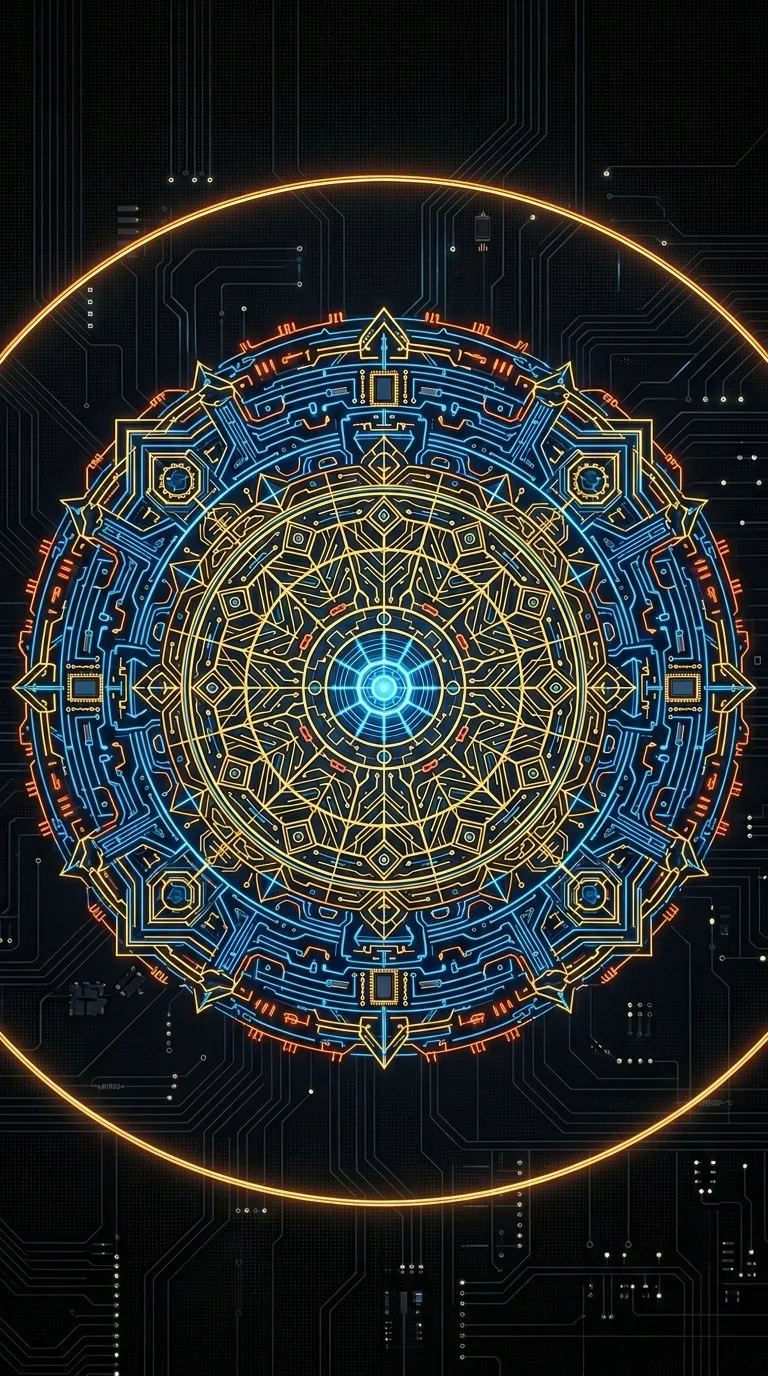 Download High-Tech Circular Geometric Circuit Mandala on Black Wallpaper in 4K UHD High-Tech Circular Geometric Circuit Mandala on Black - Free 8K and 4K mobile Wallpaper Background