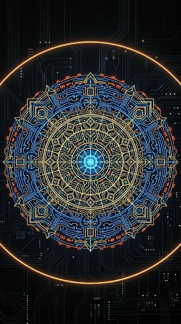 High-Tech Circular Geometric Circuit Mandala on Black - Free 4K & 8K mobile Wallpaper