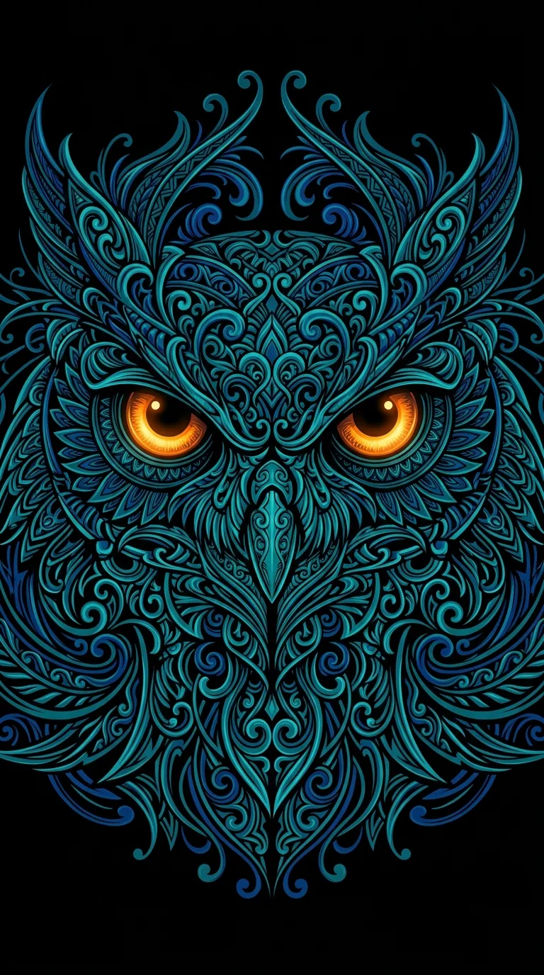 Download Highly Ornate Dark Blue and Teal Owl Face with Glowing Orange Eyes Wallpaper in 4K UHD Highly Ornate Dark Blue and Teal Owl Face with Glowing Orange Eyes - Free 8K and 4K mobile Wallpaper Background
