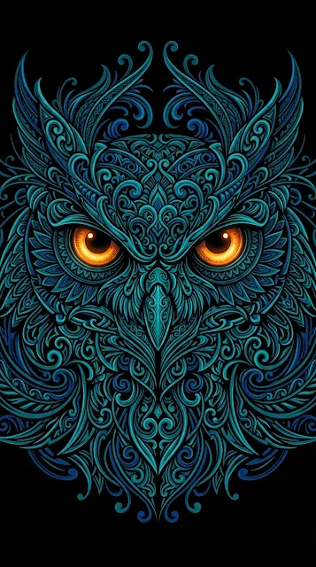 Highly Ornate Dark Blue and Teal Owl Face with Glowing Orange Eyes - Free 4K & 8K mobile Wallpaper
