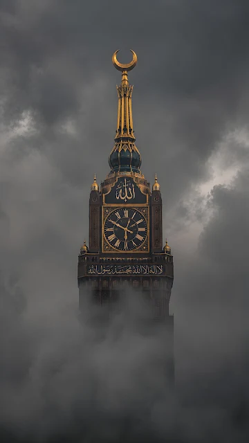The ornate golden spire and clock face of a gothic tower rising through a thick blanket of dark low-lying fog and stormy overcast clouds.