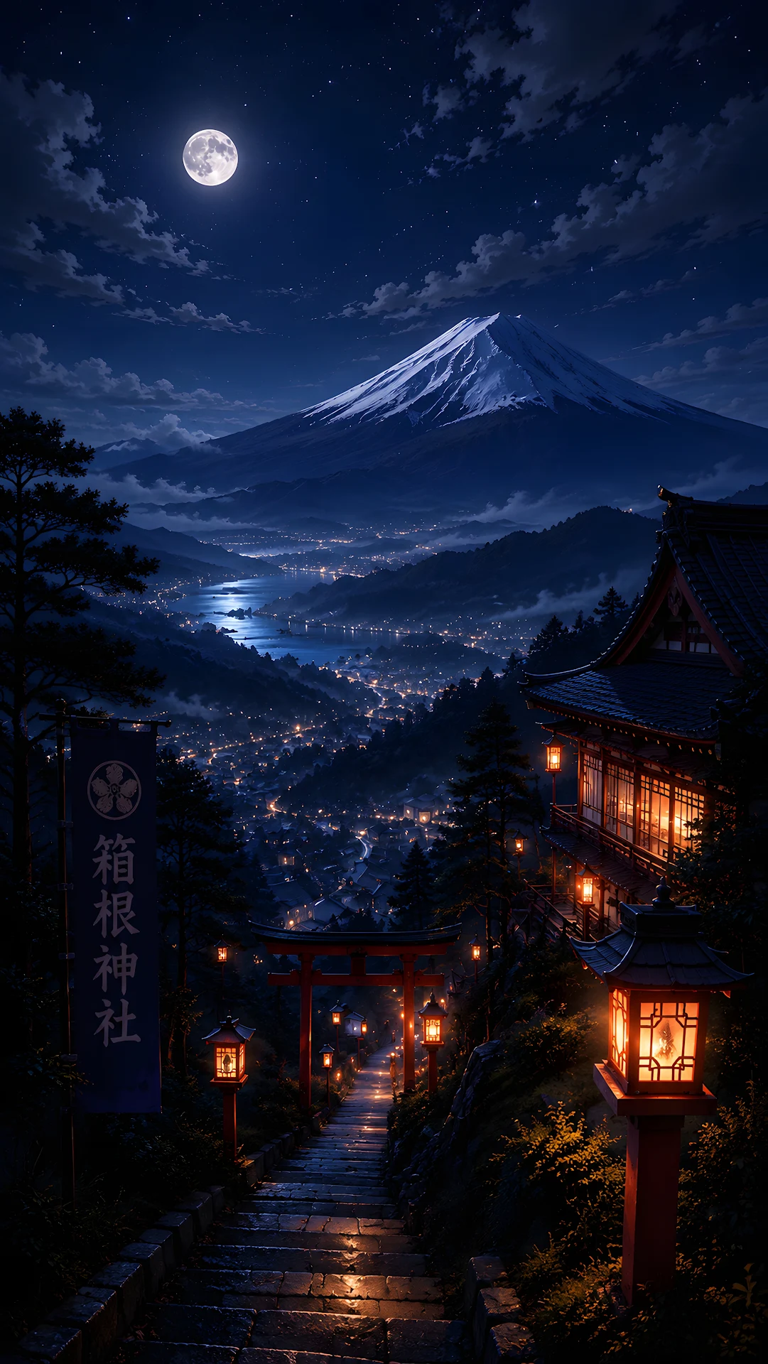 Historic Japanese shrine path looking towards snowcapped mountain - Free 4K mobile Wallpaper