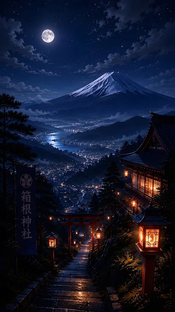 Stone stairs with glowing stone lanterns leading to a red torii gate looking over a lit valley town and mountain under full moon.